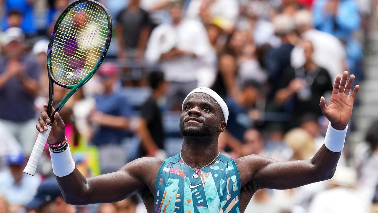 Frances Tiafoe celebrates after reaching the second round at the 2023 US Open