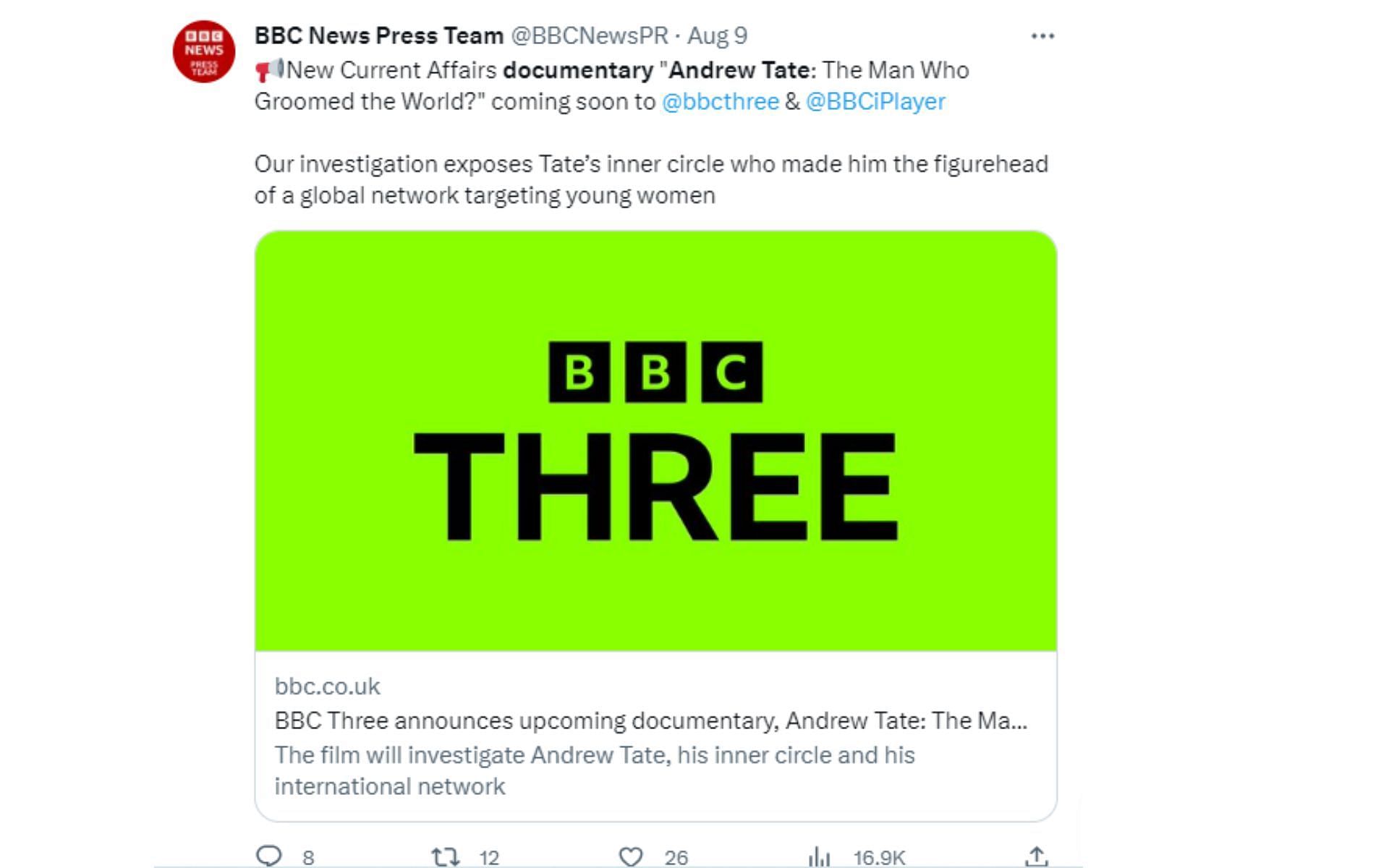 A tweet from BBC News Press Team&#039;s official handle announcing the Tate documentary