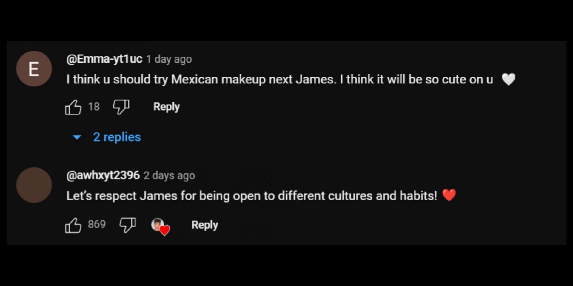 Positive reactions to James&#039; makeup video. (Image via YouTube/@JamesCharles)