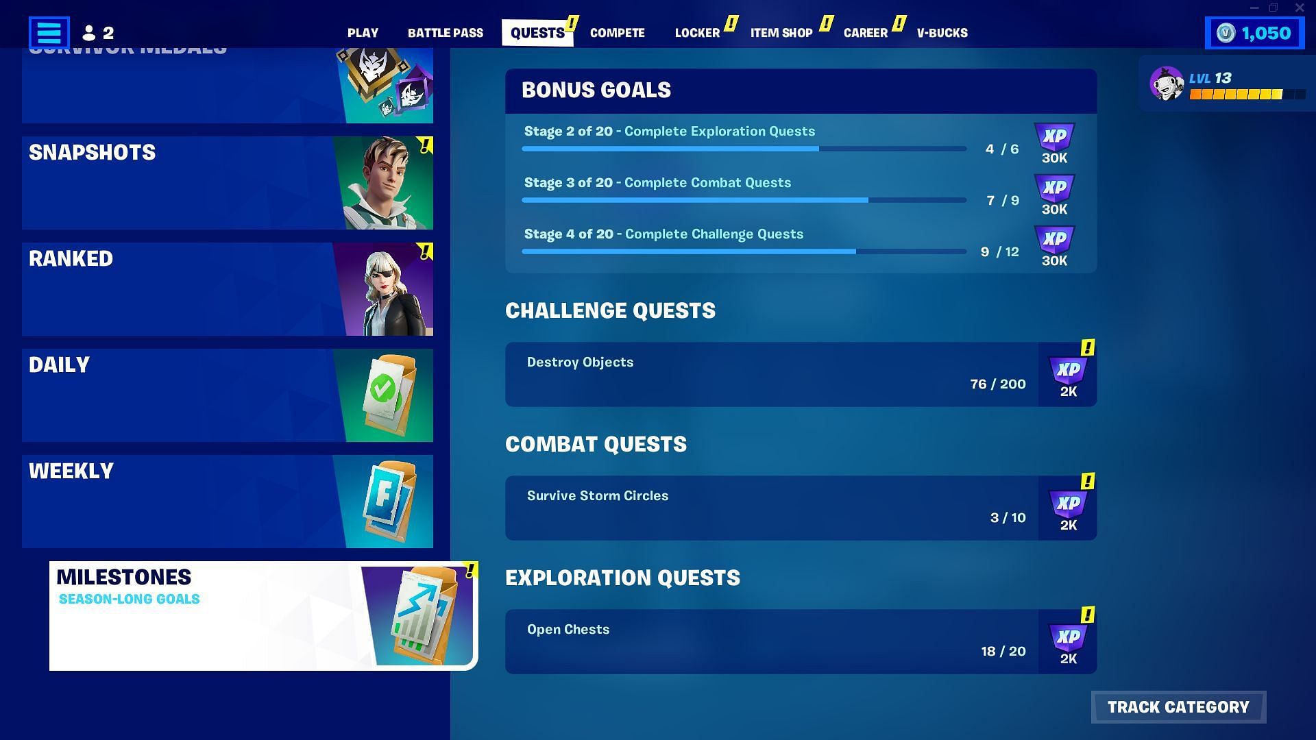 List of all Milestones present in Fortnite Chapter 4 Season 4 (Image via Epic Games/Fortnite)