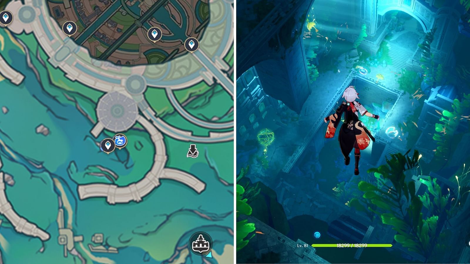 Underwater cavern locations on Genshin Impact Fontaine map