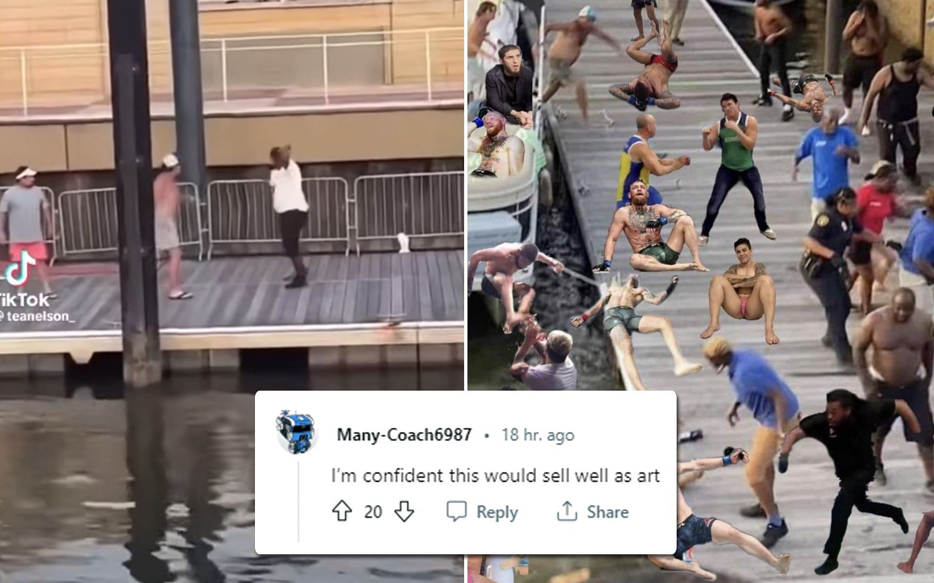 Visuals from Montgomery Brawl [L] and UFC version of the brawl [R] [Images via @TeaNelson_ TikTok and @GrimeyBucketsss Reddit]