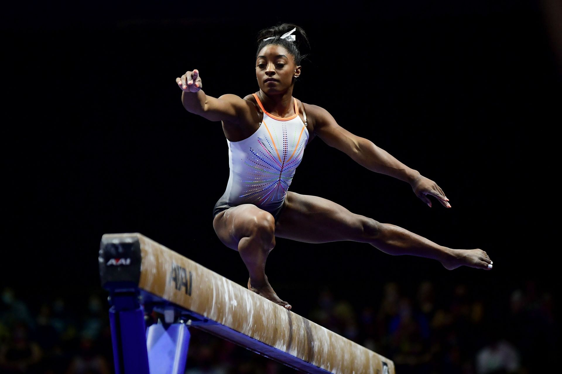 Simone Biles warming up on the beam prior to the 2021 GK U.S. Gymnastics Classic competition at Indiana Convention Centre in Indianapolis, Indiana