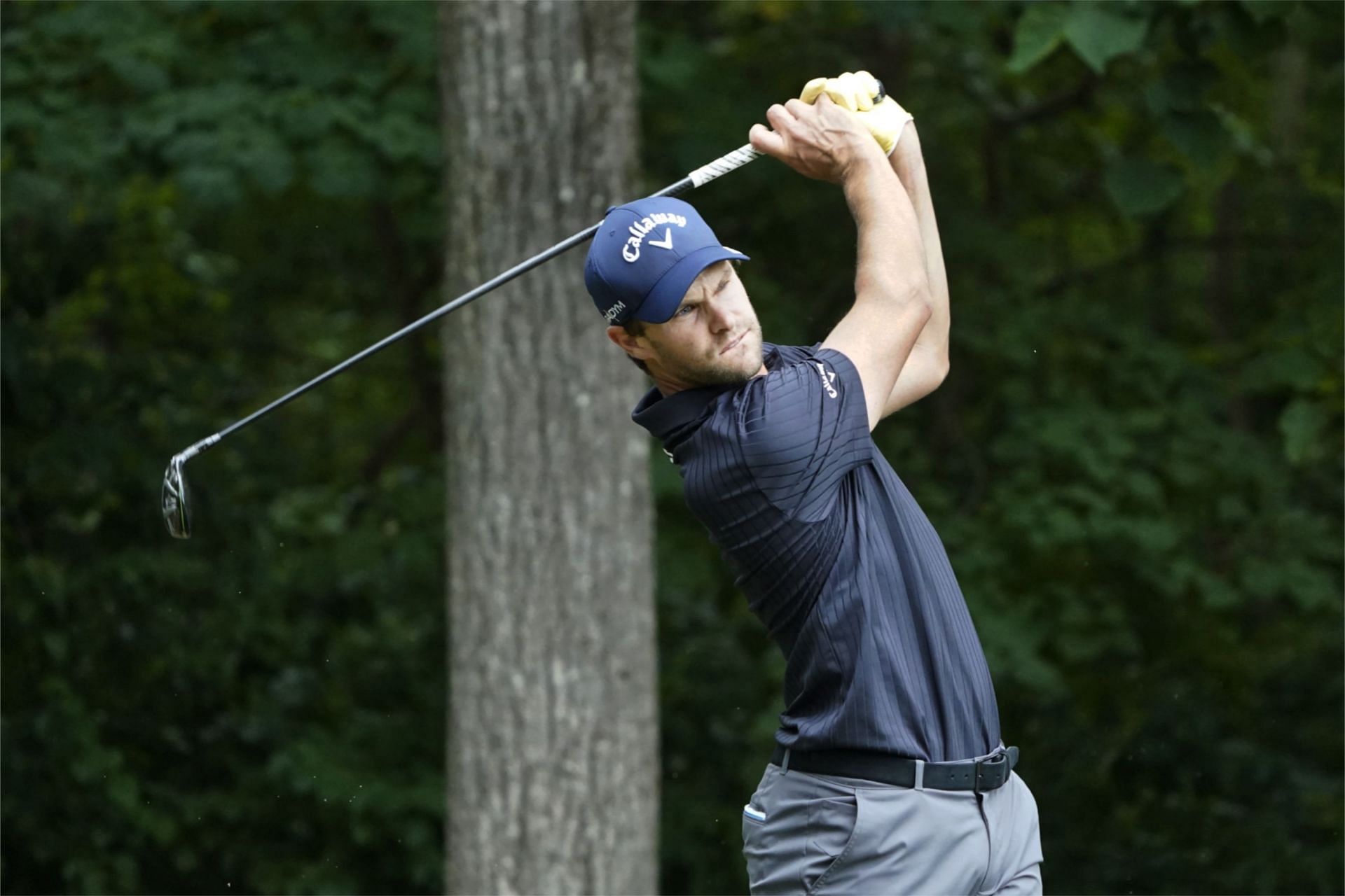 Thomas Detry watches his tee shot on the second hole during the second round of the Wyndham Championship