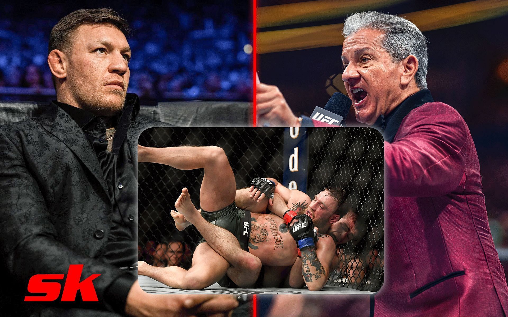 Conor McGregor (left), vs Khabib Nurmagomedov (inset), and Bruce Buffer (right). [left image via Instagram @thenotoriousmma and the rest from Getty Images]