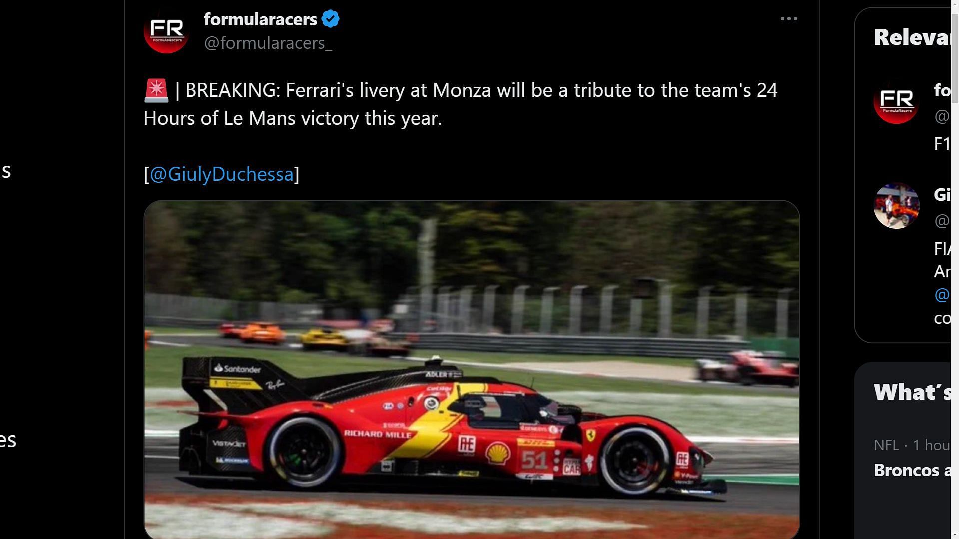 Tweet about Ferrari&#039;s rumored special livery for F1 to honor their WEC Le Mans victory (Image via Sportskeeda)