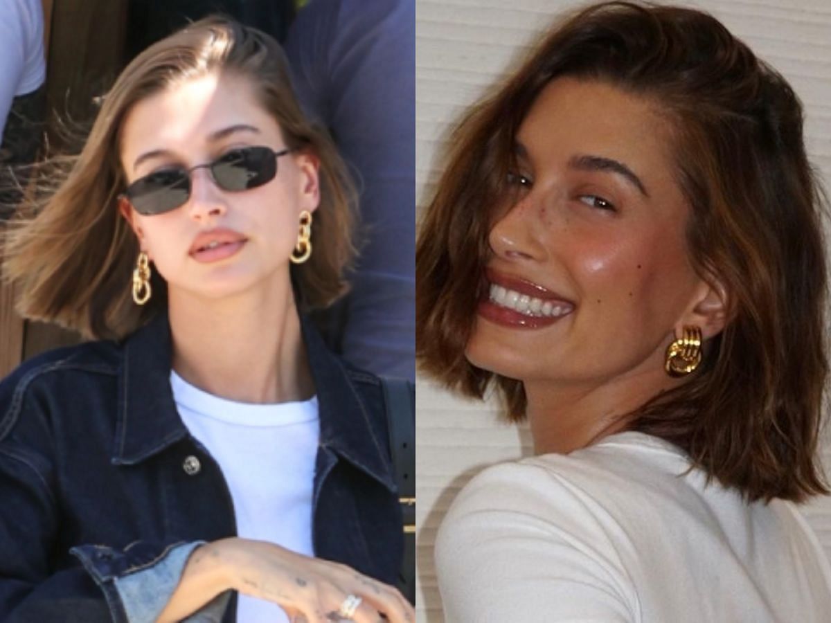 Few angles of Hailey Bieber&#039;s new &#039;Cinnamon Cookie Butter&#039; hair (image via Sportskeeda)