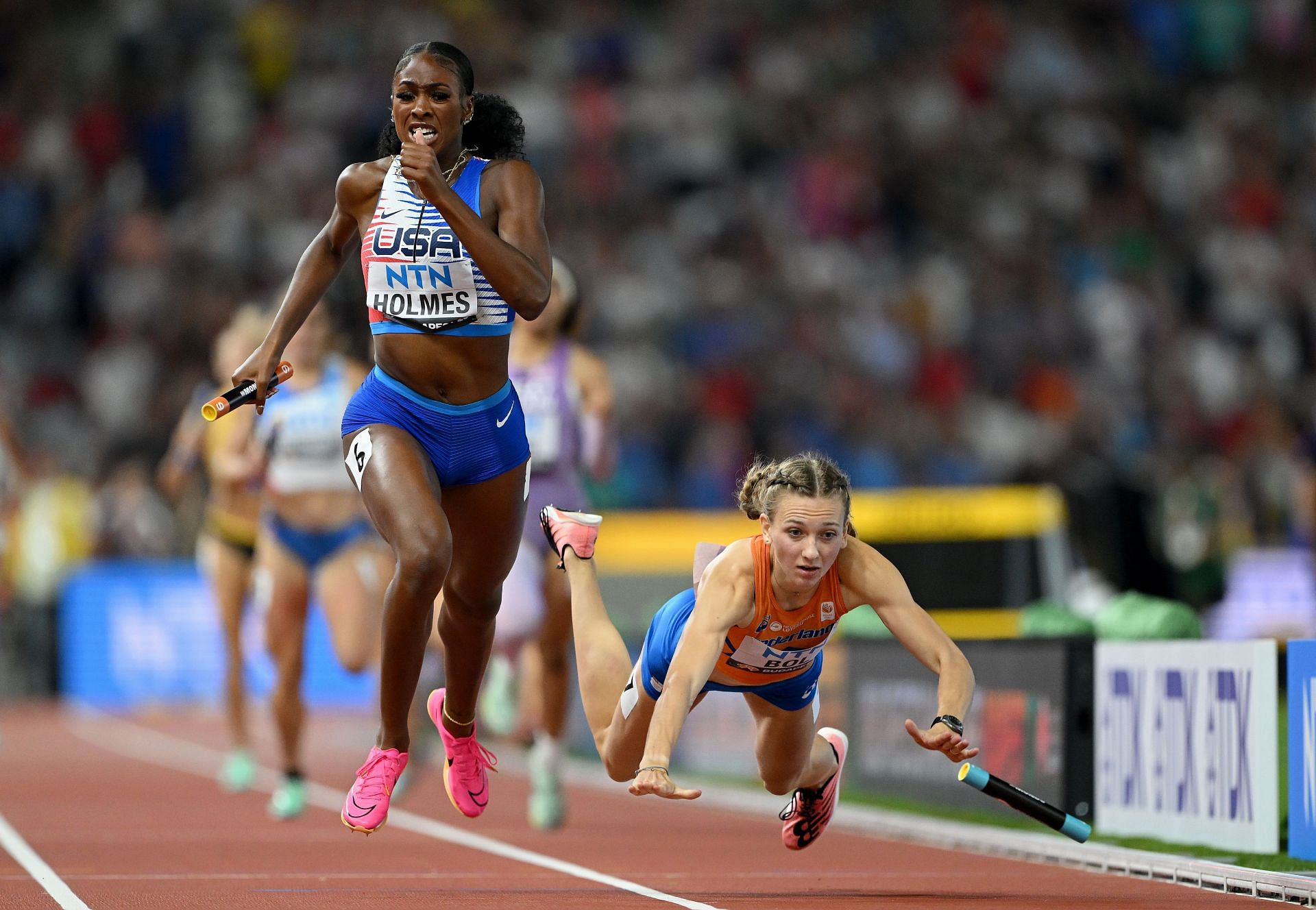 Holmes at mixed 4x100m relay race at Day 1 of World Athletics Championships Budapest 2023