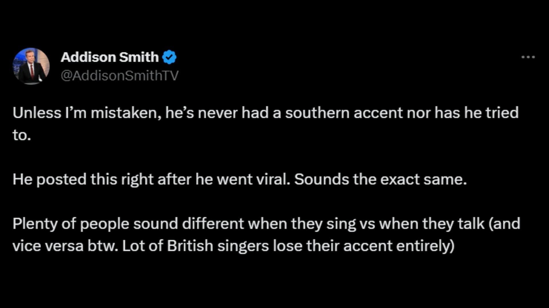 A netizen defends Anthony&#039;s accent. (Image via X/Addison Smith)