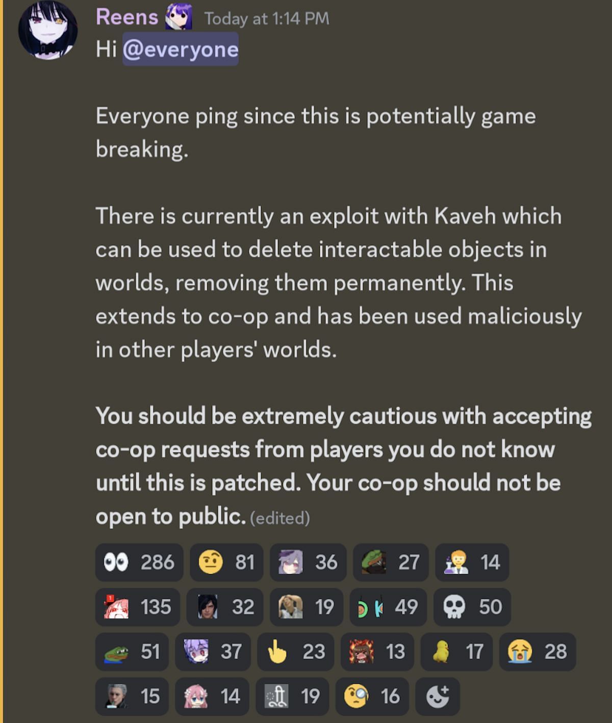 Many Discord channels are now warning players about this exploit (Image via Discord)