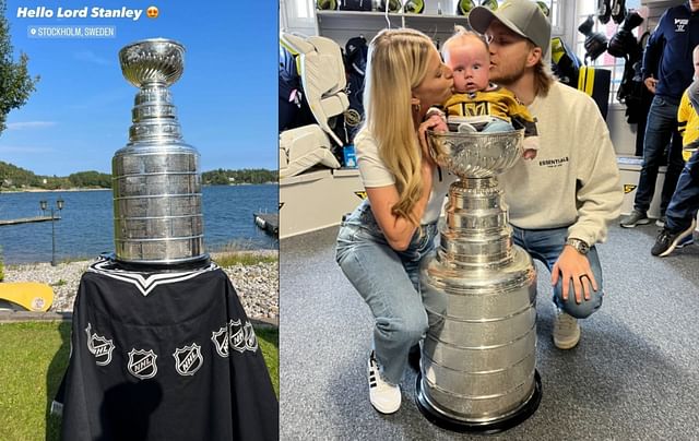 William Karlsson puts baby Beckham in Stanley Cup at Stockholm celebration