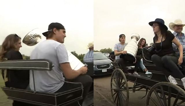 Zach Whitecloud arrives in horse carriage for Stanley Cup celebration at Sioux Valley Dakota Nation