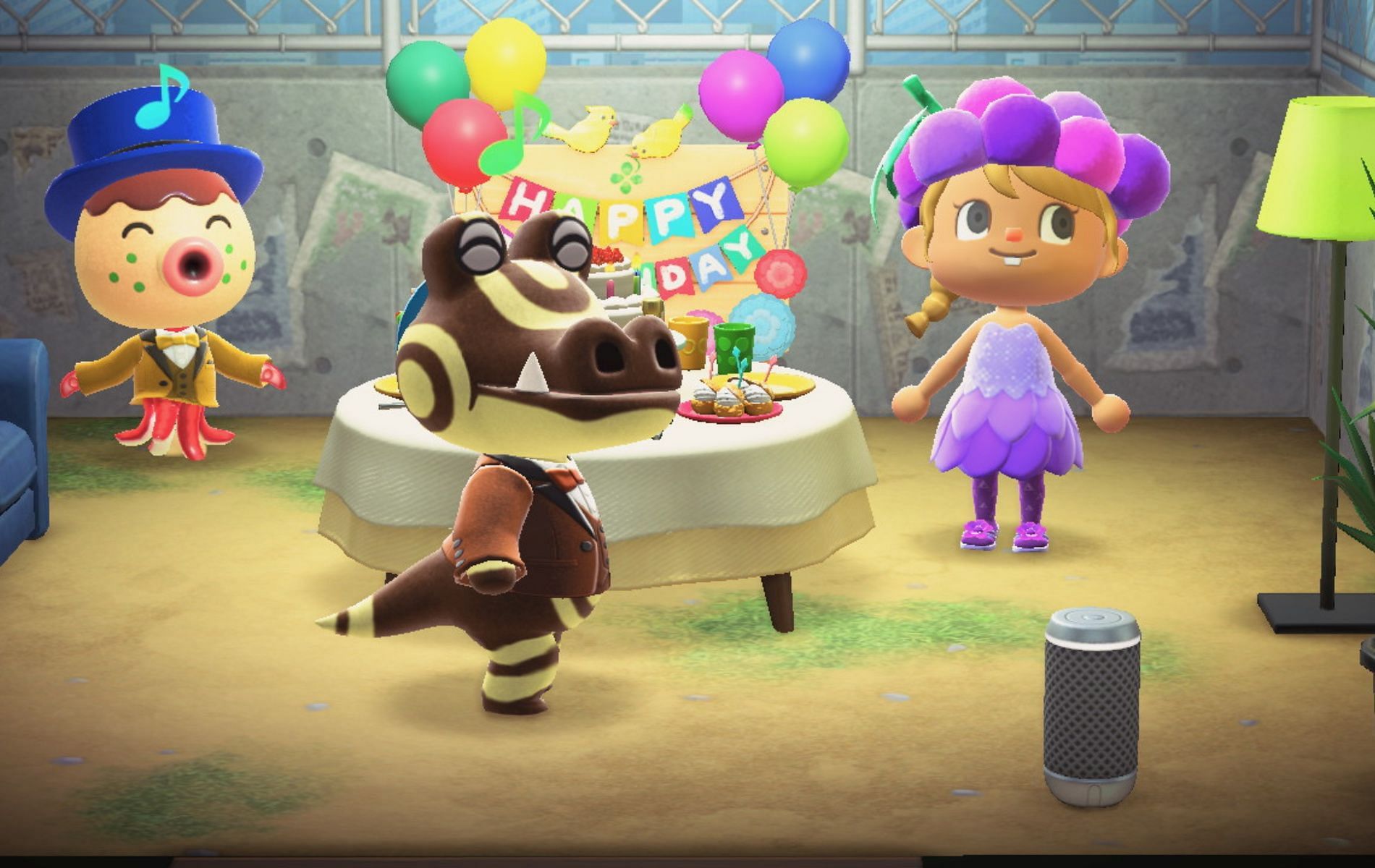 Screenshot from Animal Crossing New Horizons featuring the alligator Roswell and his birthday party