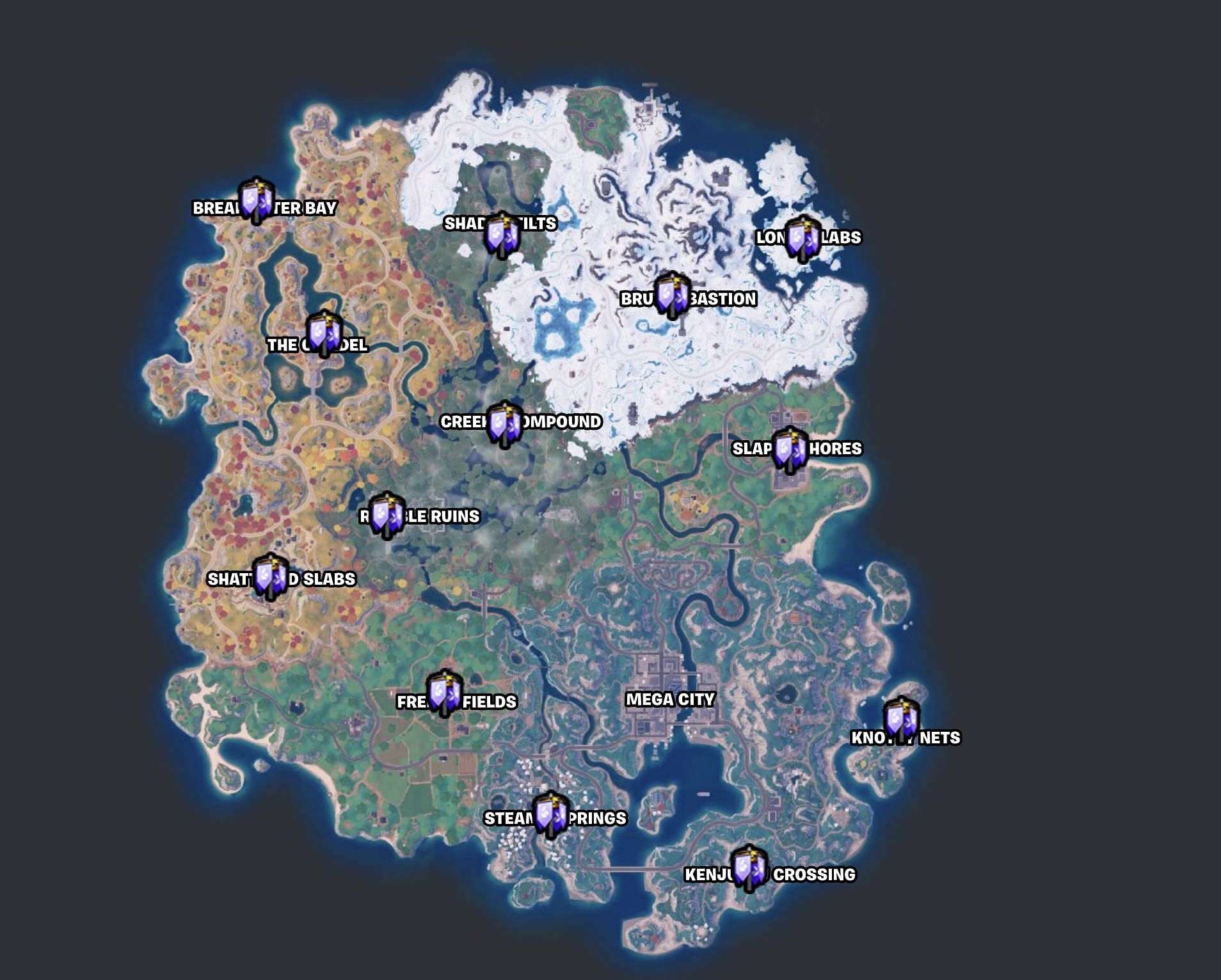 Visit one of these Capture Points in Chapter 4 Season 3. (Image via Fortnite.GG)