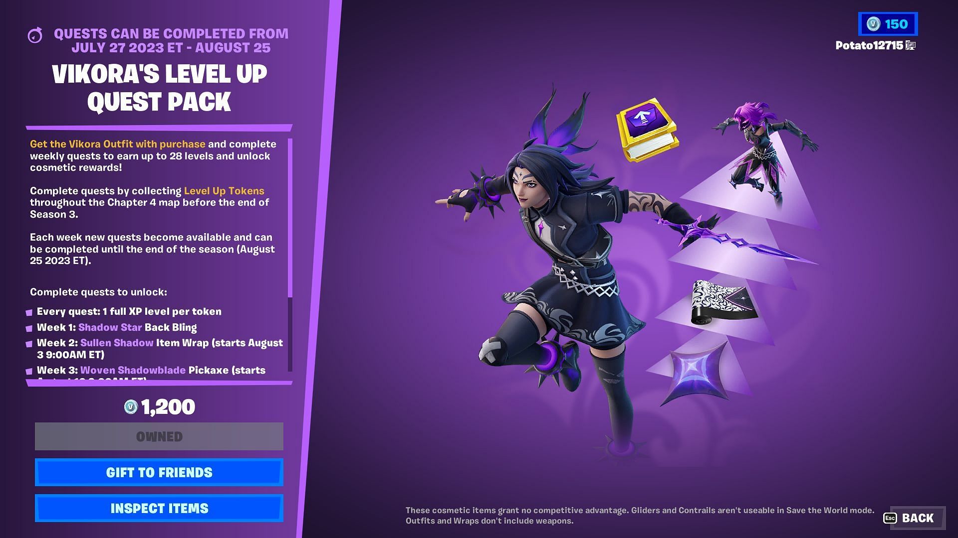 Vikora&#039;s Level Up Quest Pack costs 1,200 V-Bucks (Image via Epic Games/Fortnite)