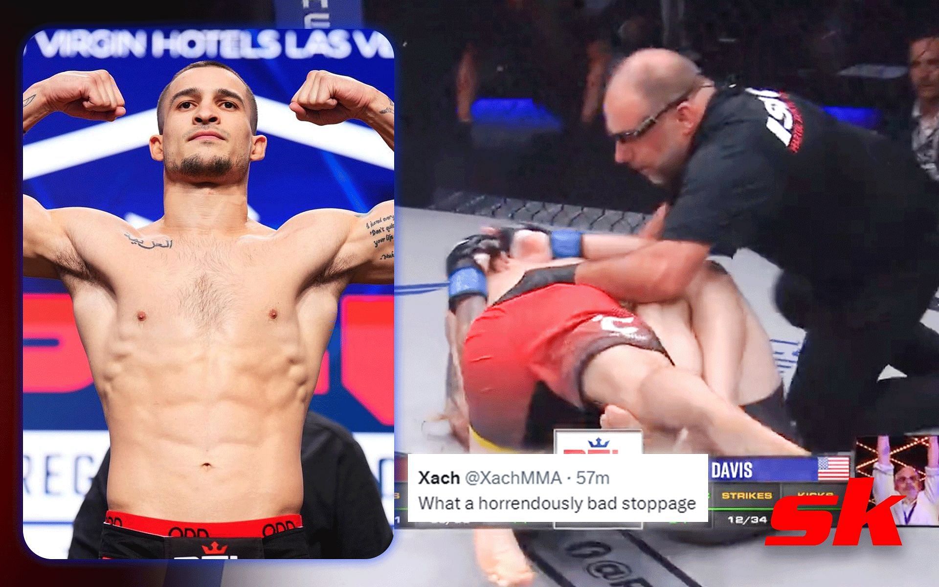 Biaggio Ali Walsh (Left); Ali Walsh securing the stoppage at PFL 9 (Right) [*Image courtesy: @biaggioaliwalsh Instagram; @PFLMMA Twitter]