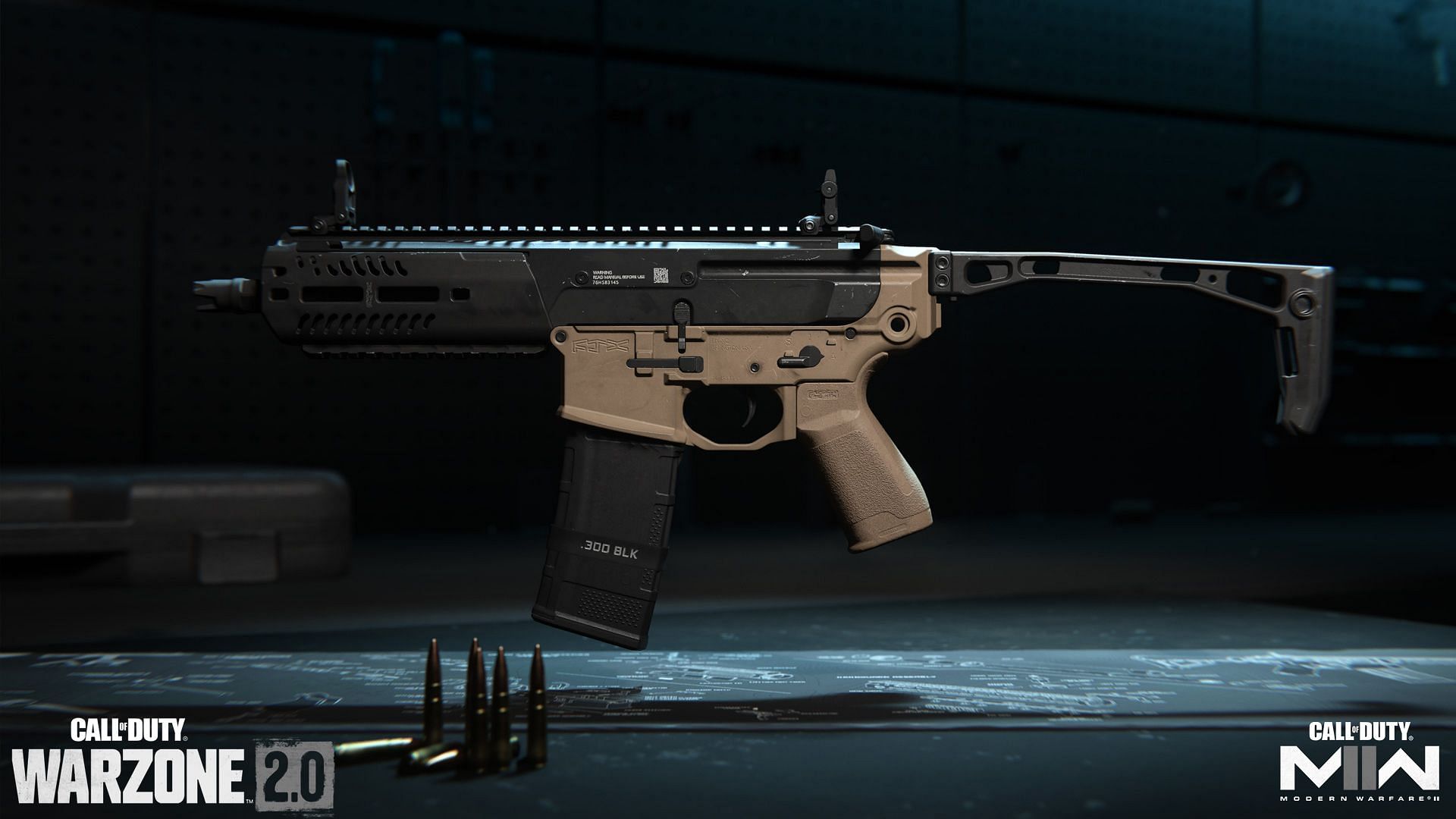 An M13C Assault Rifle being showcased with a Warzone 2 logo at the bottom left corner and a MW2 logo at the bottom right corner.