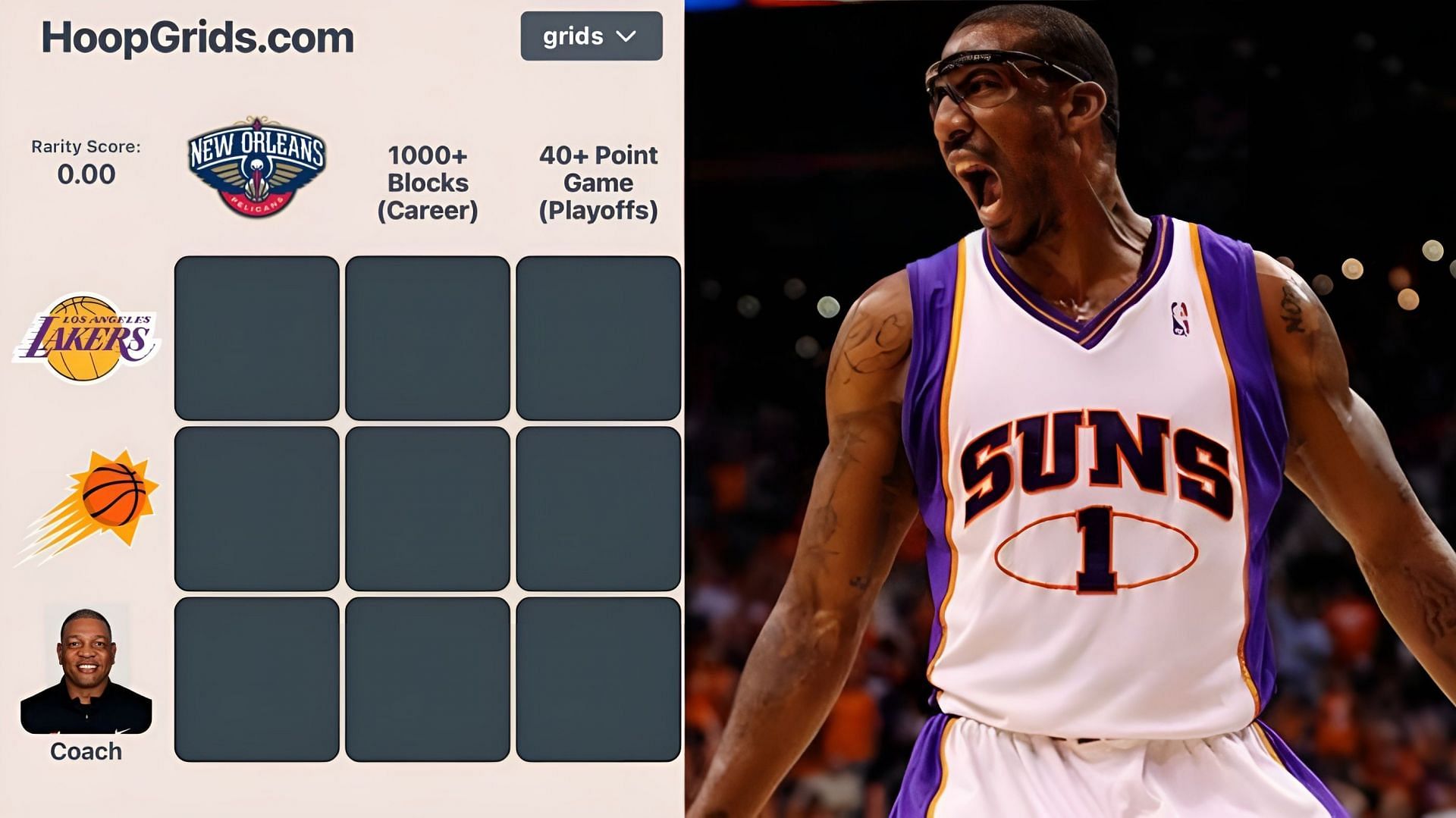 Which Suns players have recorded 1000+ career blocks and have scored 40+ points in a playoff game? NBA HoopGrids answers for August 11