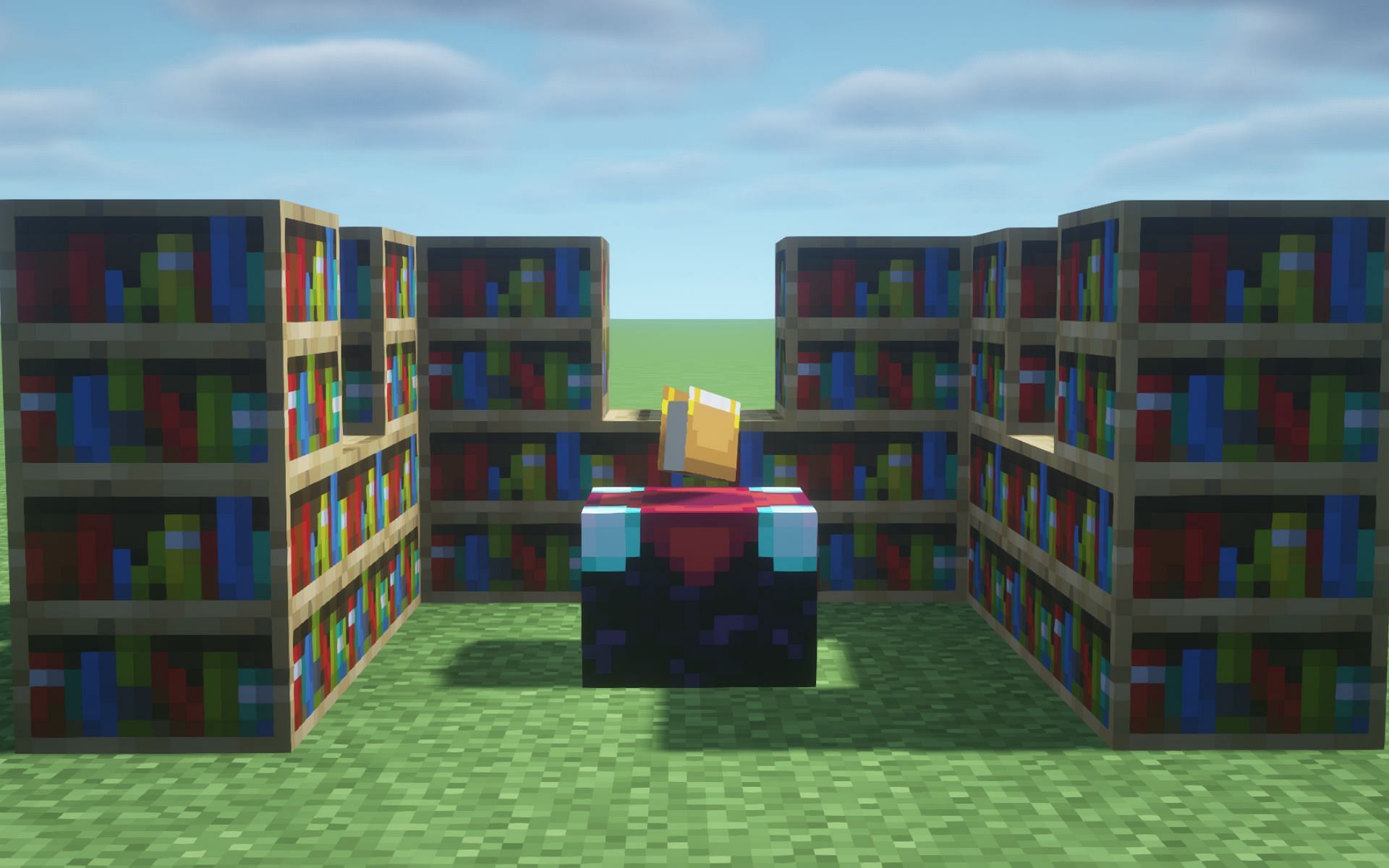 Enchanting table with bookshelves to increase the quality of enchantments in Minecraft (Image via Mojang)