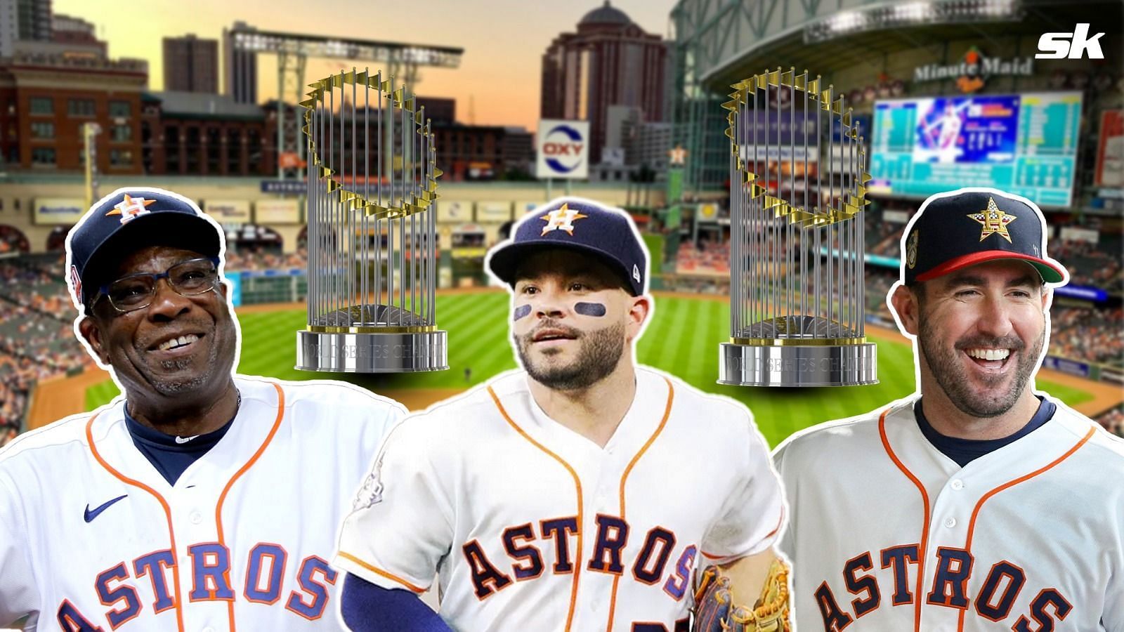 Houston Astros Manager Dusty Baker, Jose Altuve, and Justin Verlander