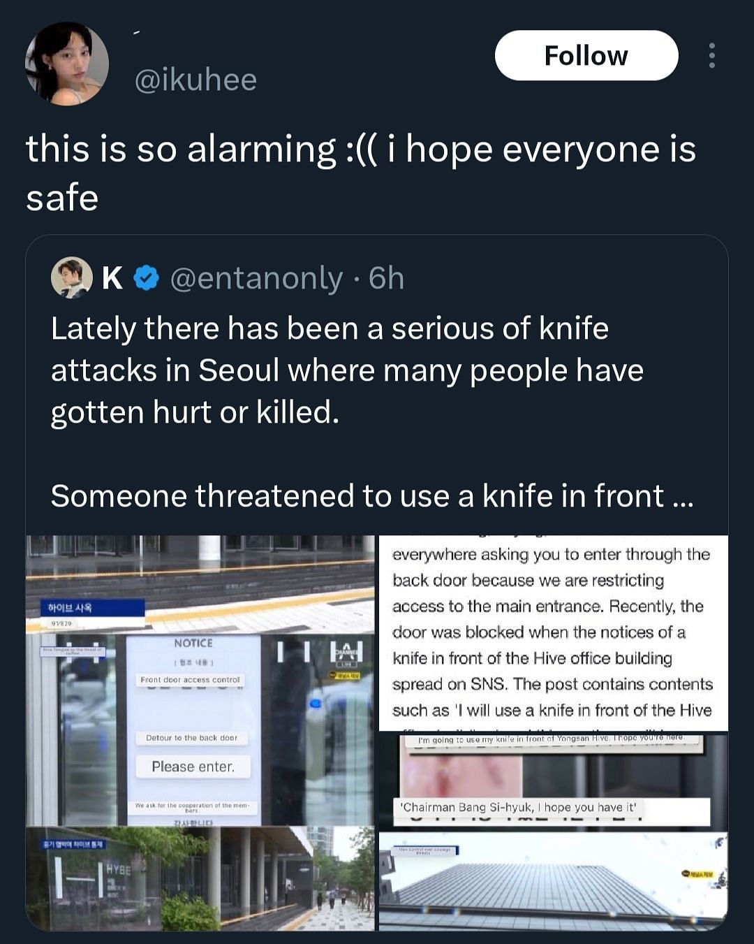 Fans reacting to the knife threat at HYBE (Image via ikuhee)