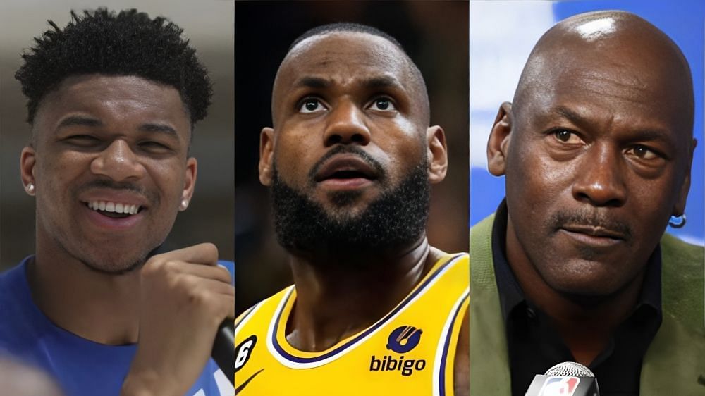 NBA superstars Giannis Antetokounmpo and LeBron James and Chicago Bulls legend Michael Jordan