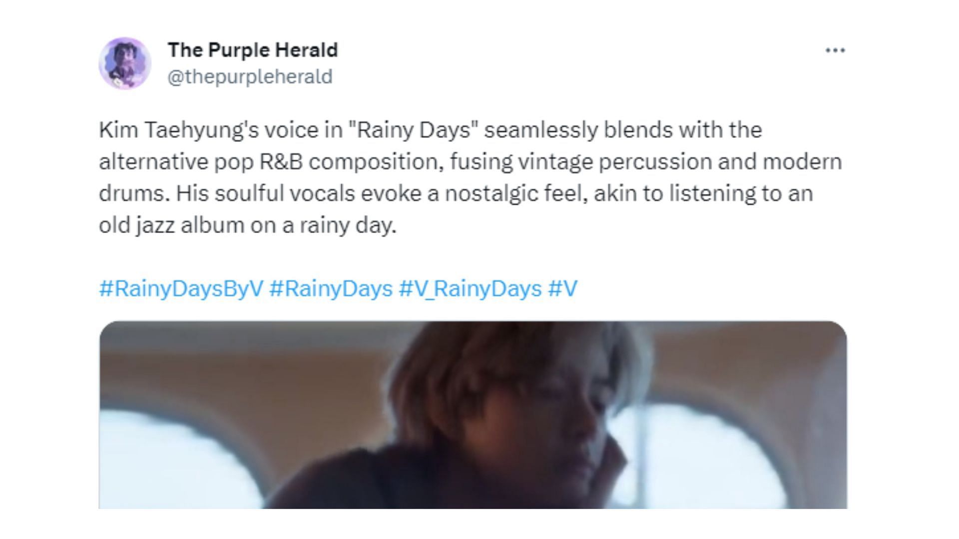 Taehyung&#039;s fans lavish praise on Rainy Days MV (Image via Twitter/@thepurpleherald)