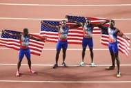 (L to R) Brandon Carnes, Christian Coleman, Noah Lyles and Fred Kerley of Team United States celebrate winning gold in the Men's 4x100m Relay Final during day eight of the World Athletics Championships Budapest 2023