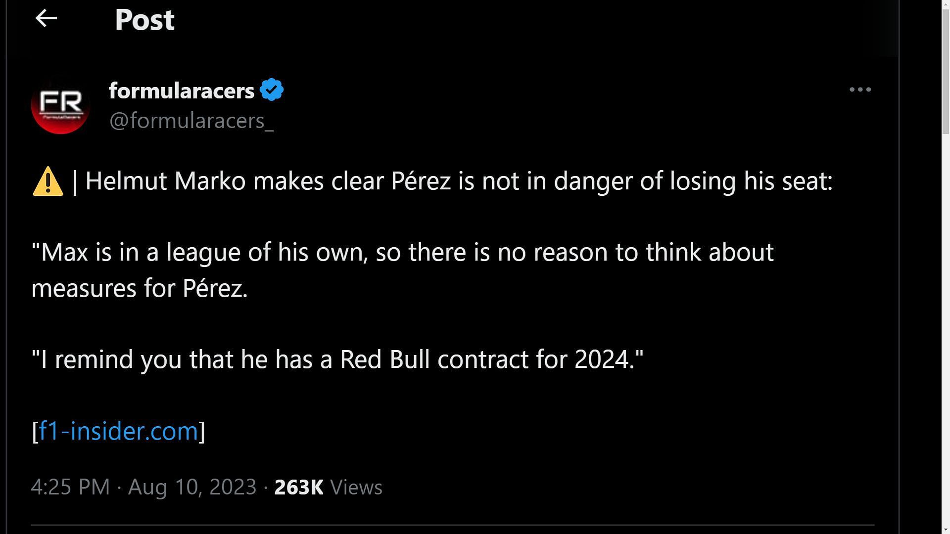 Tweet about Helmut Marko and Perez&#039;s contract for the 2024 F1 season (Image via Sportskeeda)