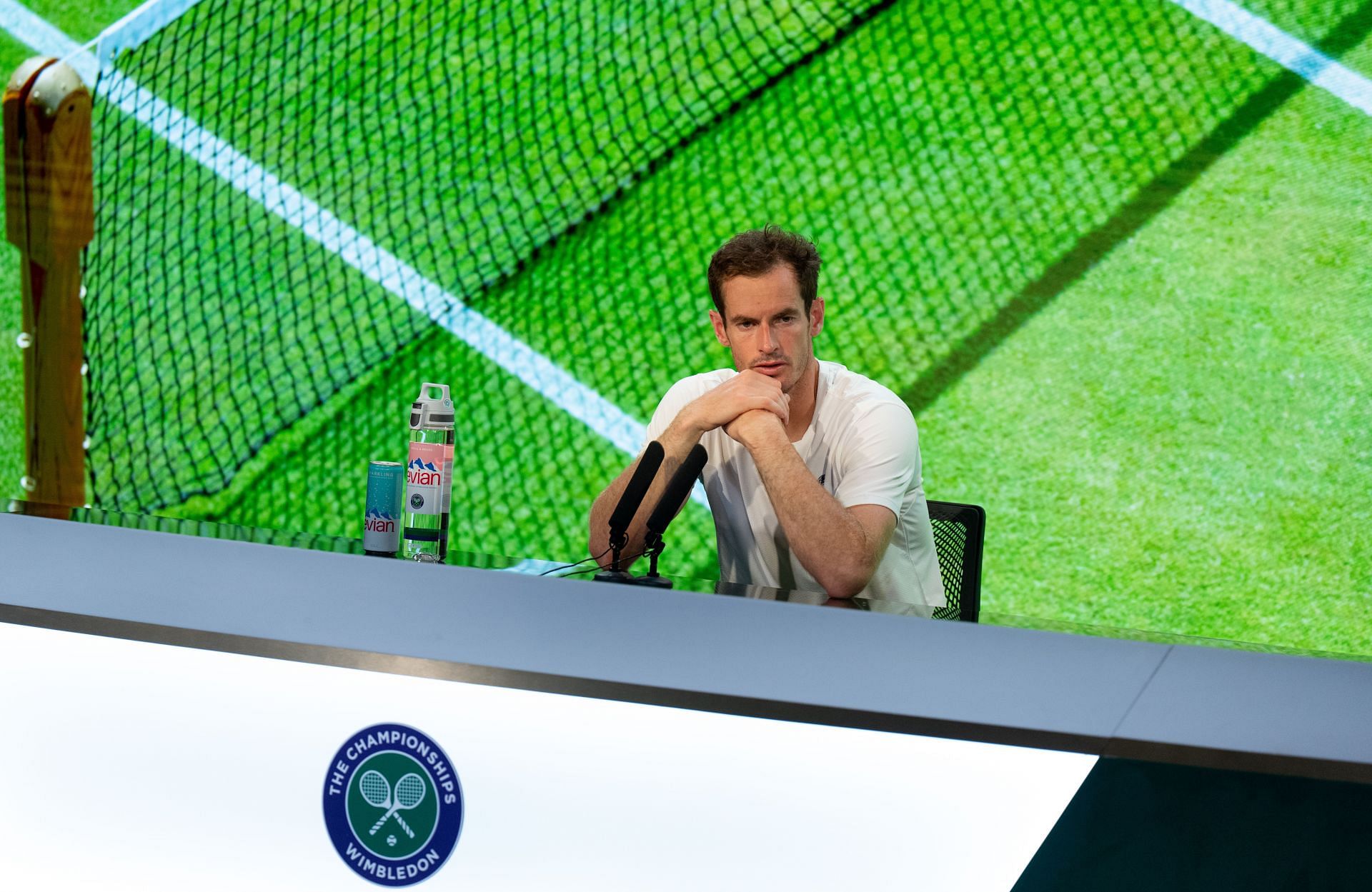 Andy Murray talking to the press at Wimbledon