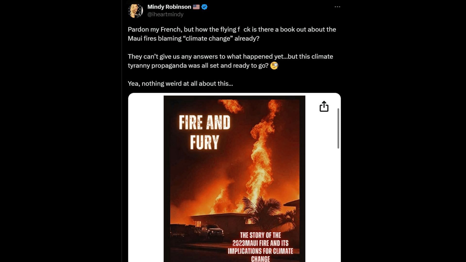 A netizen wonders how Dr. Stones already wrote a book on Maui fires. (Image via X/Mindy Robinson)