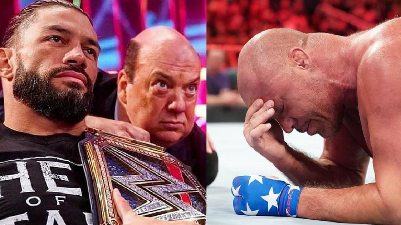 Reigns and Heyman (left); Kurt Angle (right)