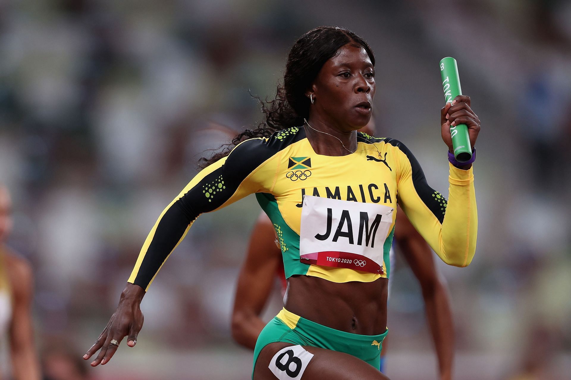 Shericka Jackson competes in women&#039;s 4x100m at the 2020 Olympics in Tokyo, Japan