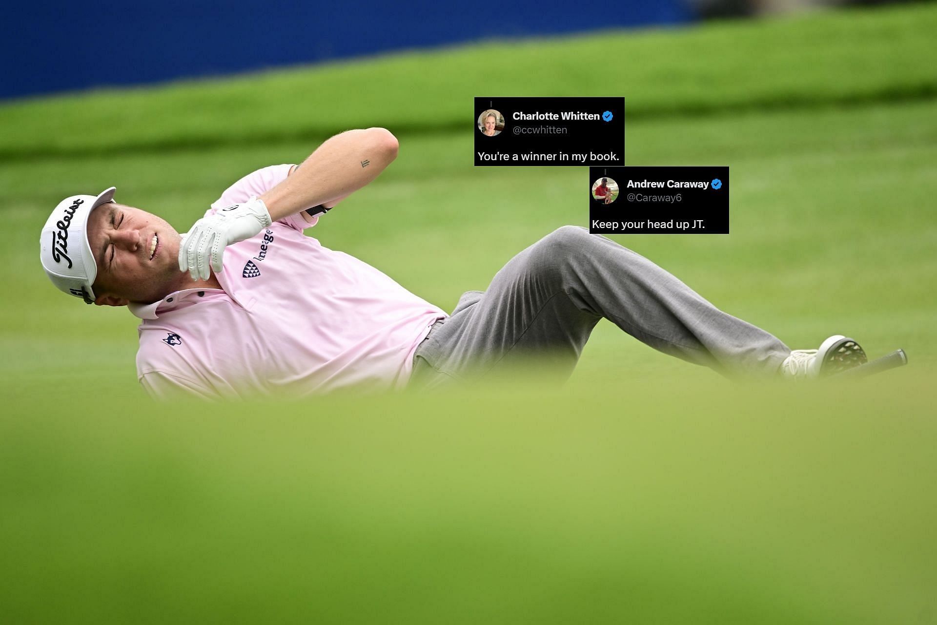 Justin Thomas reacts after missing the birdie on the 18th hole at the Wyndham Championship, round 4