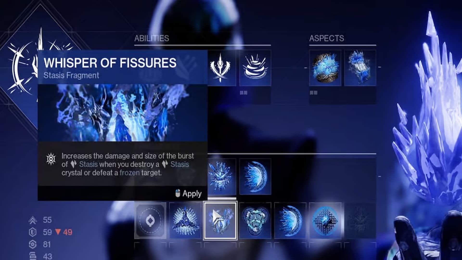 The Whisper of Fissures is a great stasis fragment for both PvP and PvE (Image via Bungie)