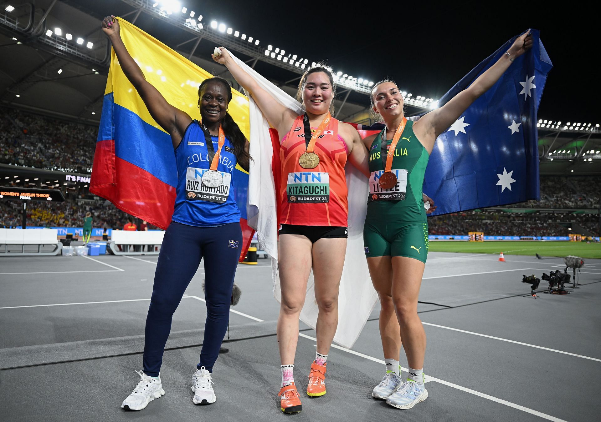 Flor Denis Ruiz Hurtado, Haruka Kitaguchi, and Mackenzie Little after winning the women&#039;s Javelin Throw at the 2023 World Athletics Championships