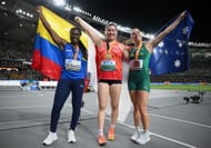 Flor Denis Ruiz Hurtado, Haruka Kitaguchi, and Mackenzie Little after winning the women's Javelin Throw at the 2023 World Athletics Championships
