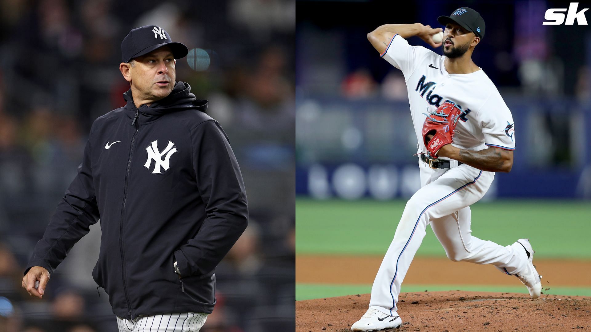 Aaron Boone of the New York Yankees and Sandy Alcantara of the Miami Marlins