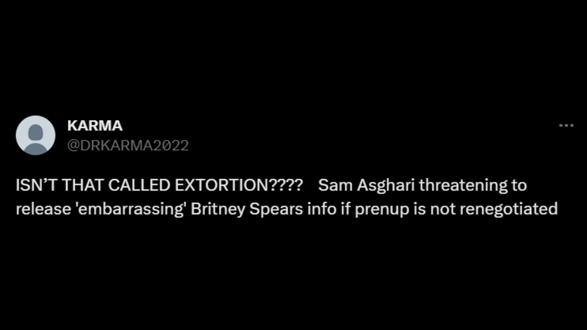 A netizen pointing out how Sam is extorting money from Britney. (Image via X/KARMA)