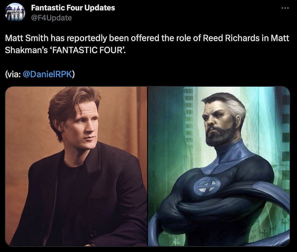 Matt Smith, once The Doctor in Doctor Who, now rumored as a potential Mister Fantastic in the MCU (Image via Twitter)