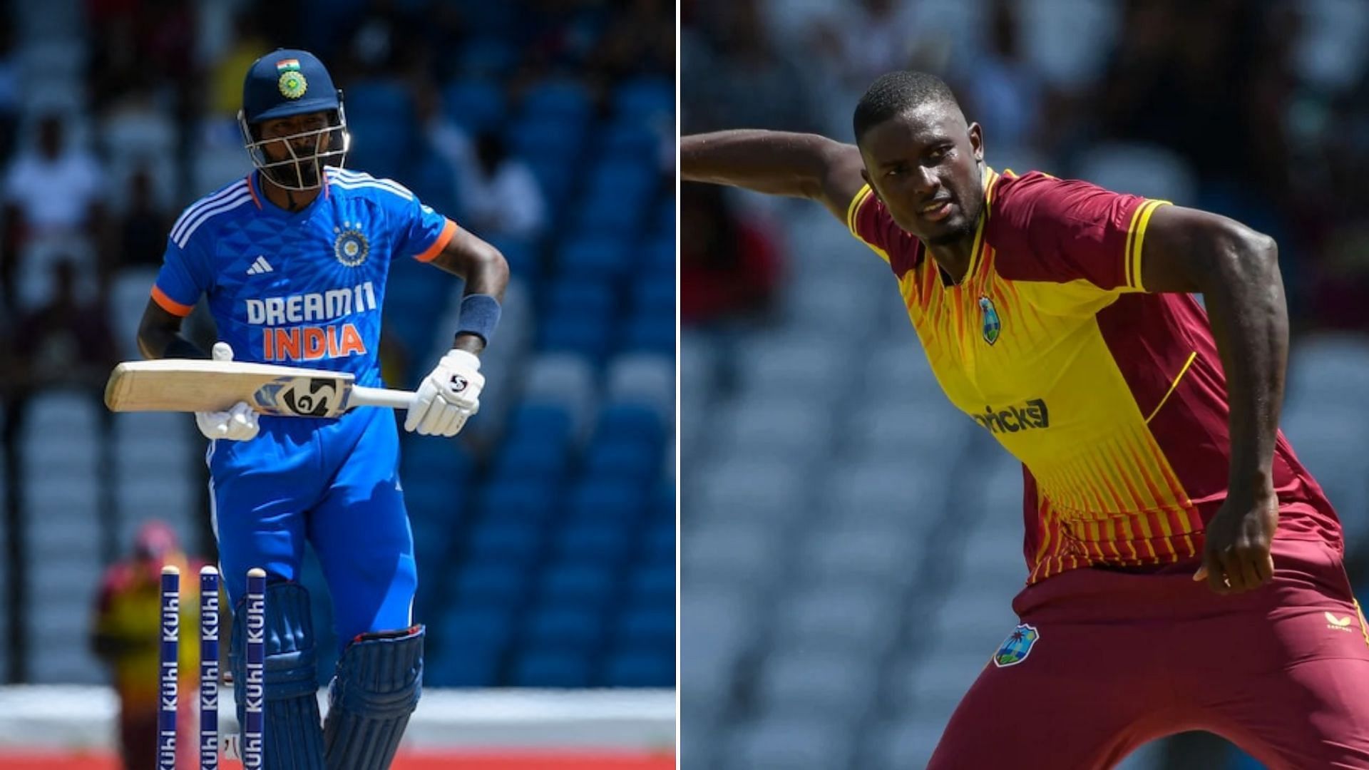 Hardik Pandya (L) was dismissed by Jason Holder in the first T20I (P.C.:Twitter)