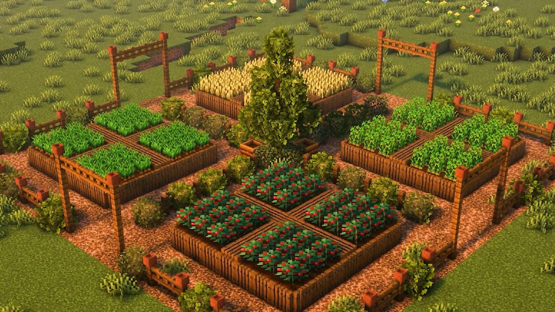 A Minecraft garden doesn&#039;t always need tough-to-find materials or a ton of detailing (Image via Pixelr/YouTube)