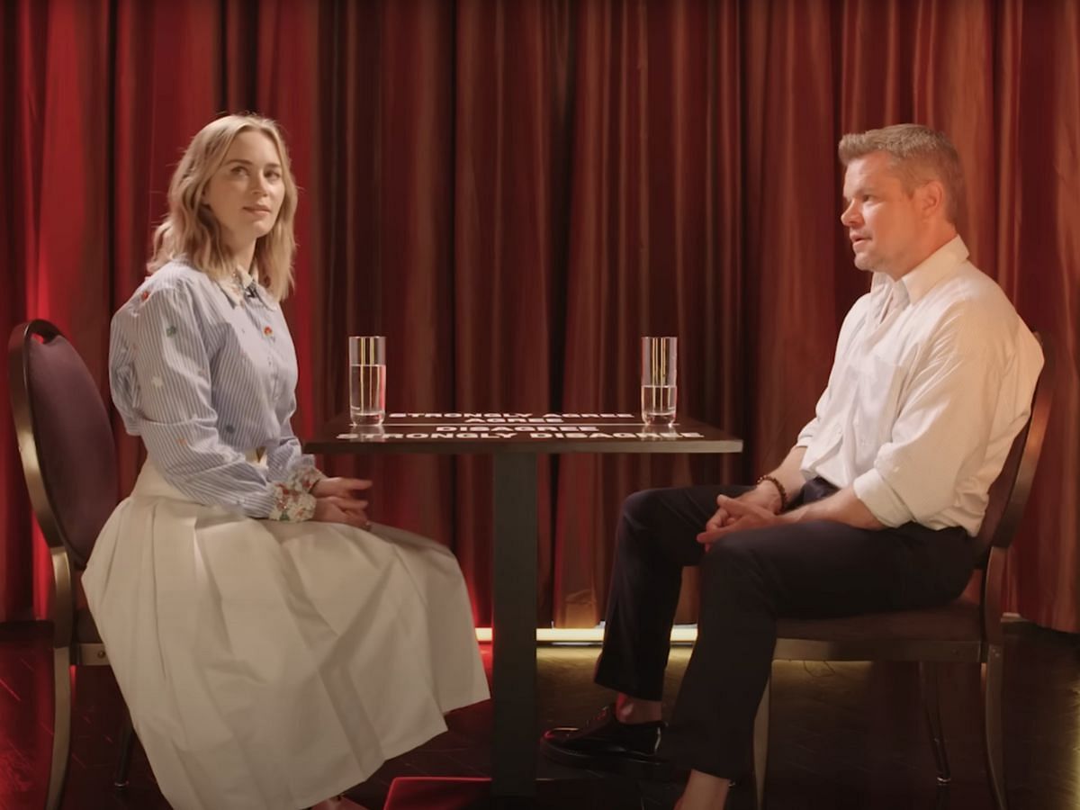 Matt Damon and Emily Blunt on LADbible TV&#039;s &#039;Agree to Disagree&#039; released on July 19 (Image via YouTube @LADbible)