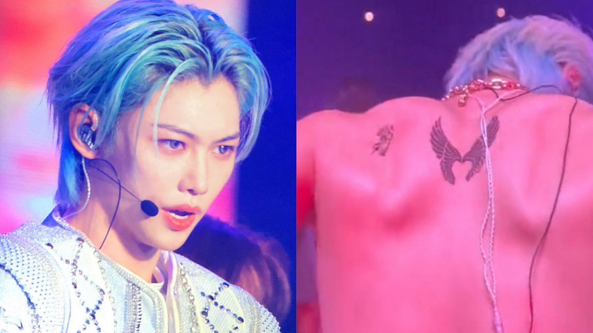 Featuring Felix revealing his tattoo at Stray Kids concert (Image via hwgflx and Flash_felix0915@Twitter)