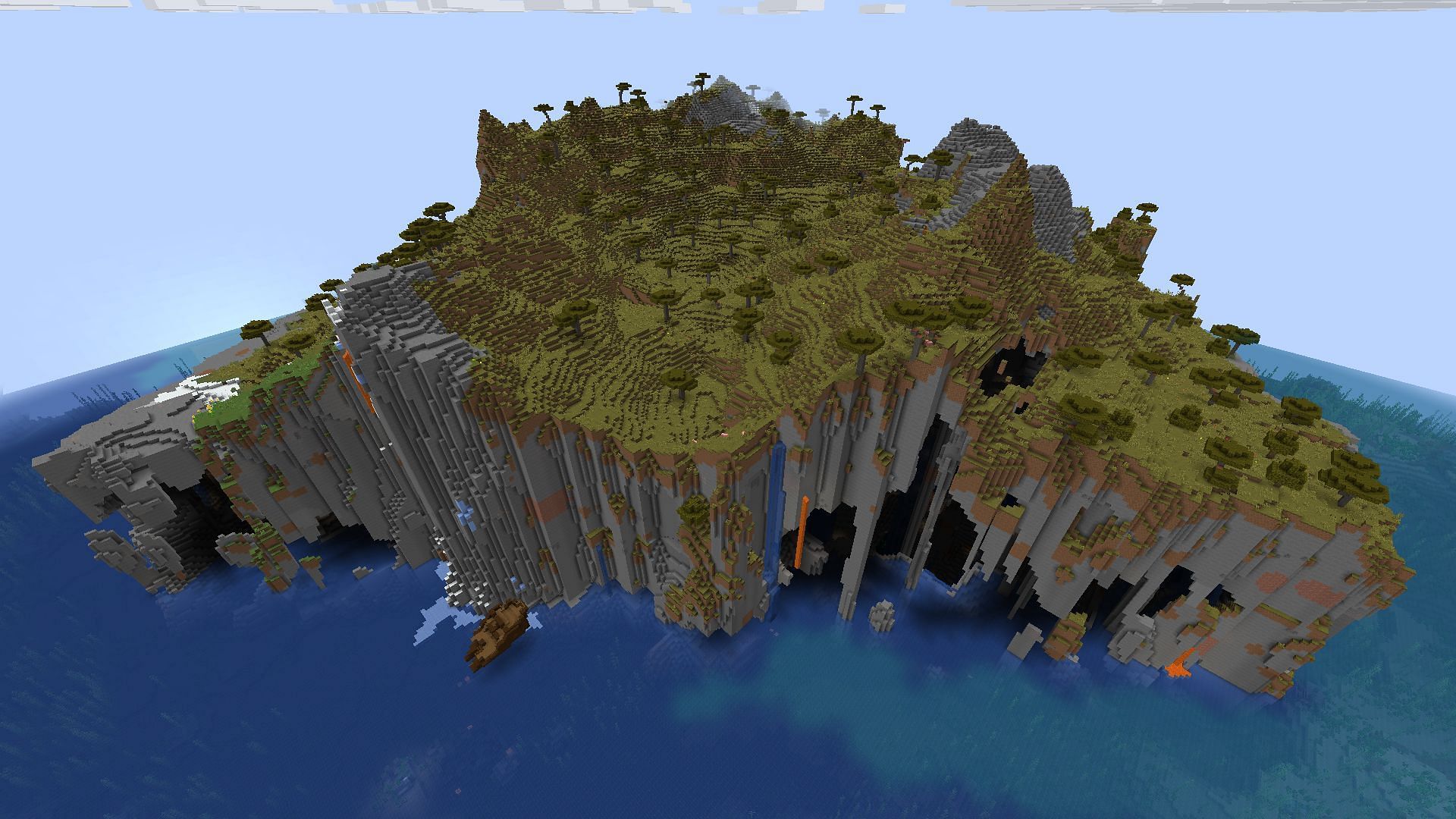 This lone savanna island has multiple structures and a robust cave system (Image via Mojang)