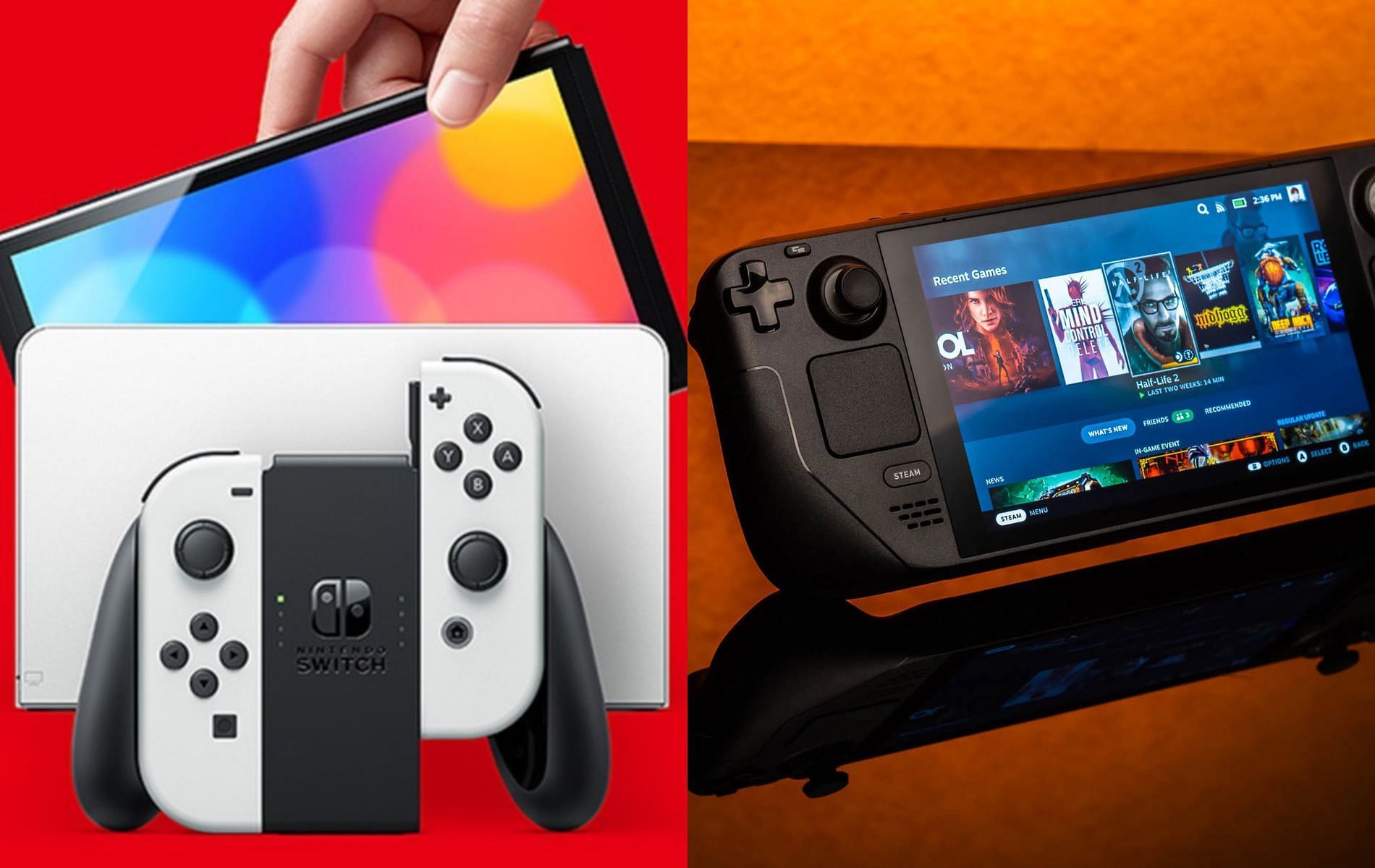 Official promotional photos for Nintendo Switch OLED model and Valve Steam Deck 