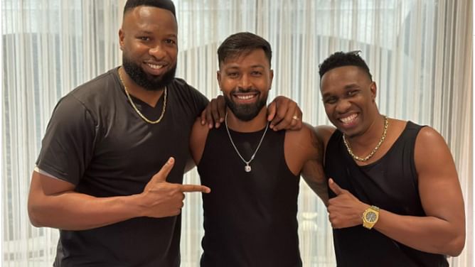 "Can you imagine 3 of us playing for the same team" - Dwayne Bravo shares pictures of meet-up with Hardik Pandya and Kieron Pollard