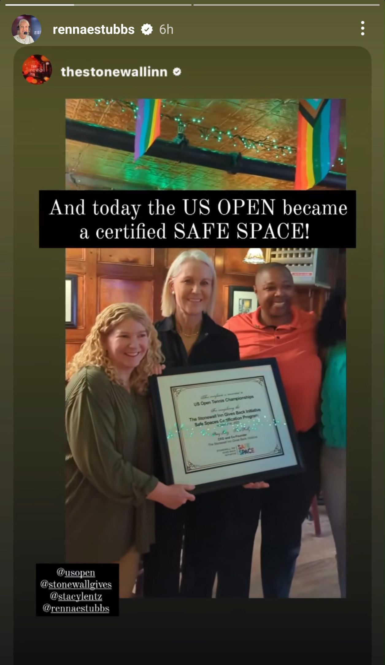 A screen capture of Renna Stubbs&#039; repost of Stonewall Inn&#039;s Instagram story