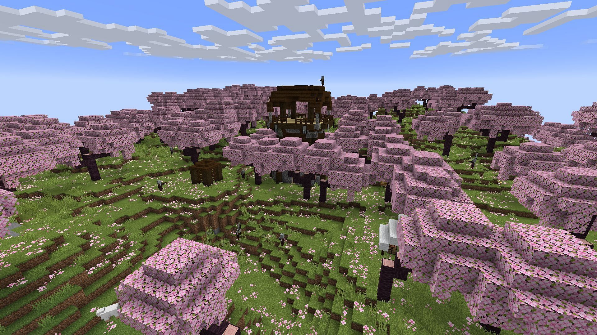 The cherry grove biomes in this Minecraft seed should be great starting positions, the pillagers sure think so (Image via Mojang)