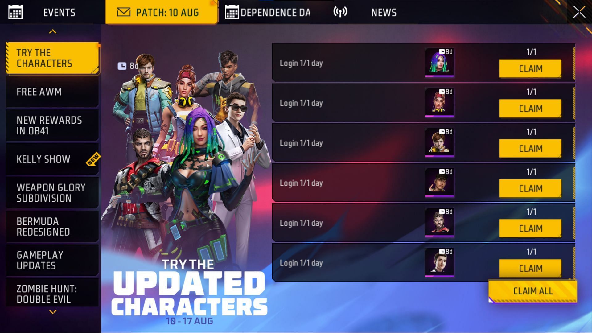 Select the Independence Day tab from the menu (Image via Garena)